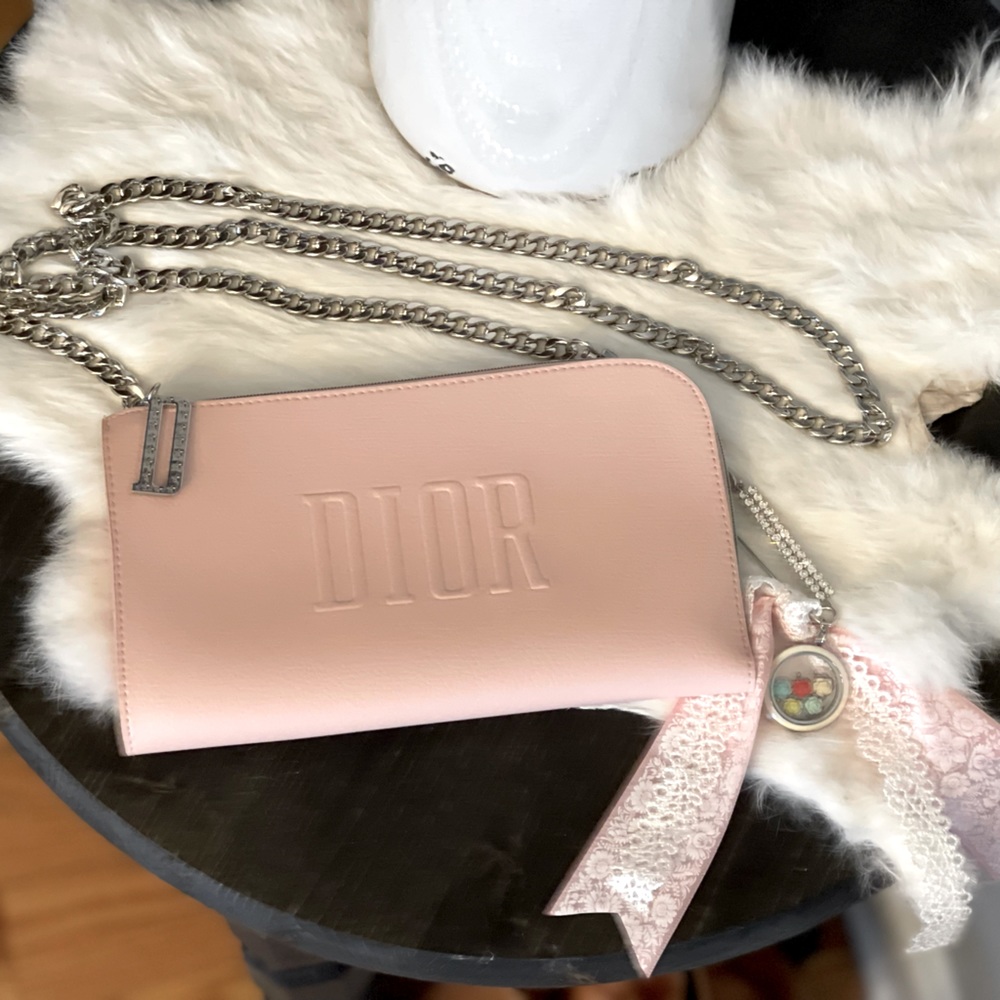 Dior pink crossbody purse with silver chain & keychain in rhinestones & charms